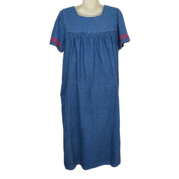 Loungees Womens Small Red Embroidered Flower Chambray House Dress Nightgown PJs - Picture 4 of 8